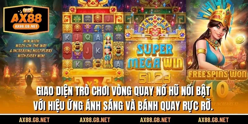 Giao diện trò chơi Vòng Quay Nổ Hũ nổi bật với hiệu ứng ánh sáng và bánh quay rực rỡ.